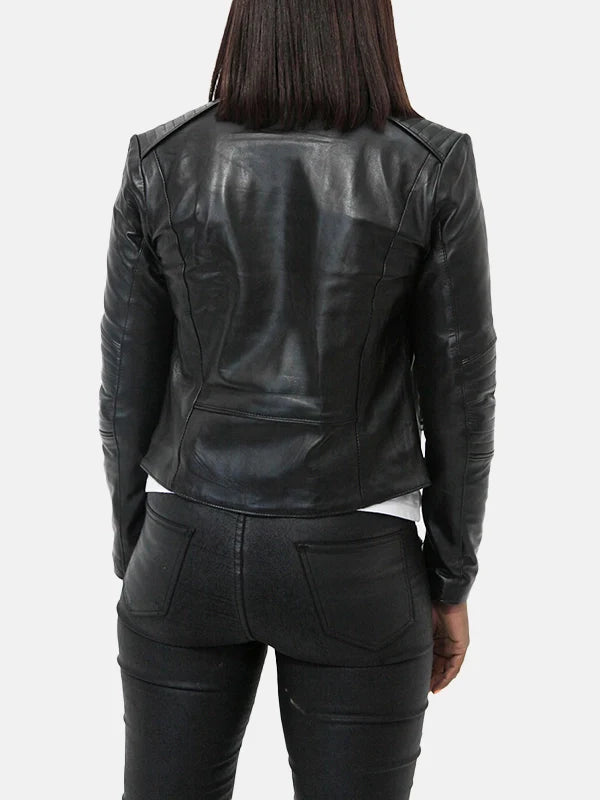 Women's Snap Tab Collar Black Leather Jacket - Premium Quality Real Leather Jacket