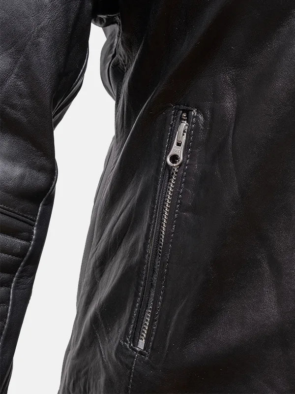Women's Snap Tab Collar Black Leather Jacket - Premium Quality Real Leather Jacket