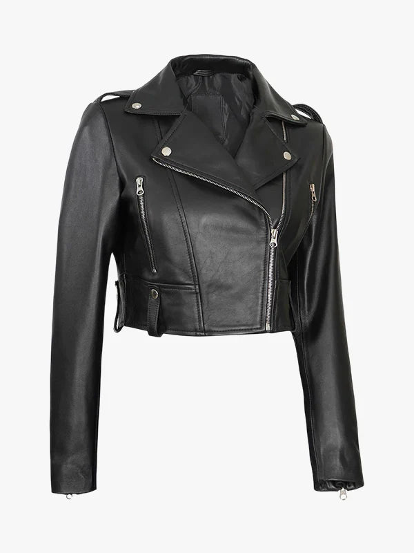 Women's Urban Chic Cropped Leather Biker Jacket - Premium Quality Real Leather Jacket