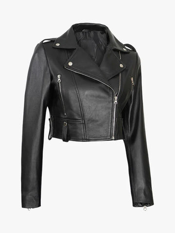 Women's Urban Chic Cropped Leather Biker Jacket - Premium Quality Real Leather Jacket