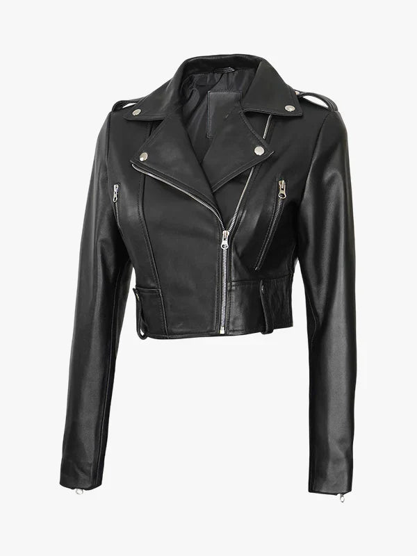 Women's Urban Chic Cropped Leather Biker Jacket - Premium Quality Real Leather Jacket
