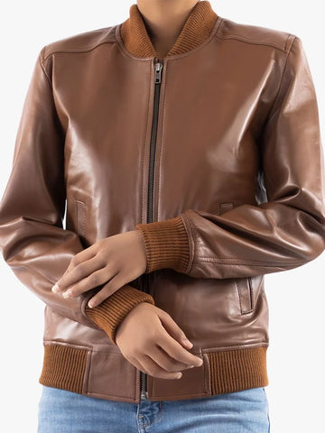 Women's Cognac Brown Leather Bomber Jacket – Classic Baseball Style