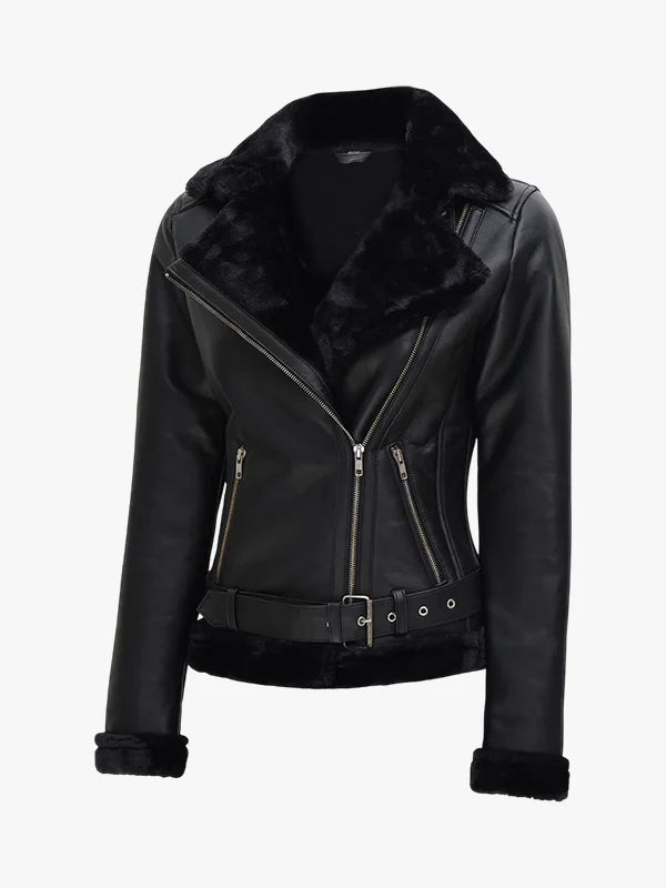 Womens Agnes Black Leather Shearling Jacket