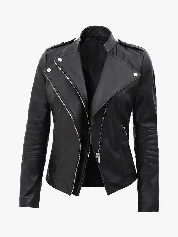 Zenith Fit Women's Black Asymmetrical Leather Jacket - Premium Quality Real Leather Jacket