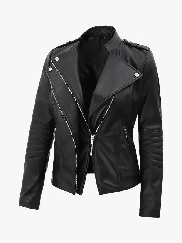 Zenith Fit Women's Black Asymmetrical Leather Jacket - Premium Quality Real Leather Jacket
