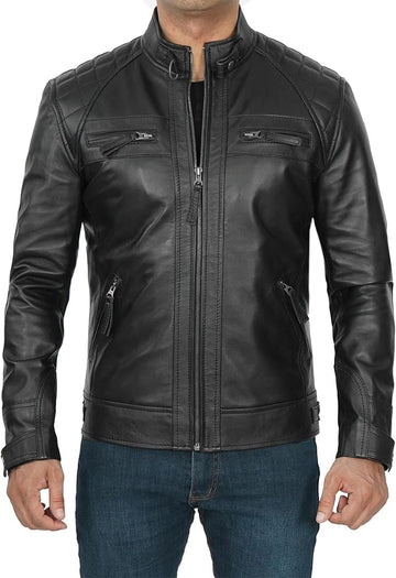 Mens Black Lambskin Cafe Racer Motorcycle Leather Jacket