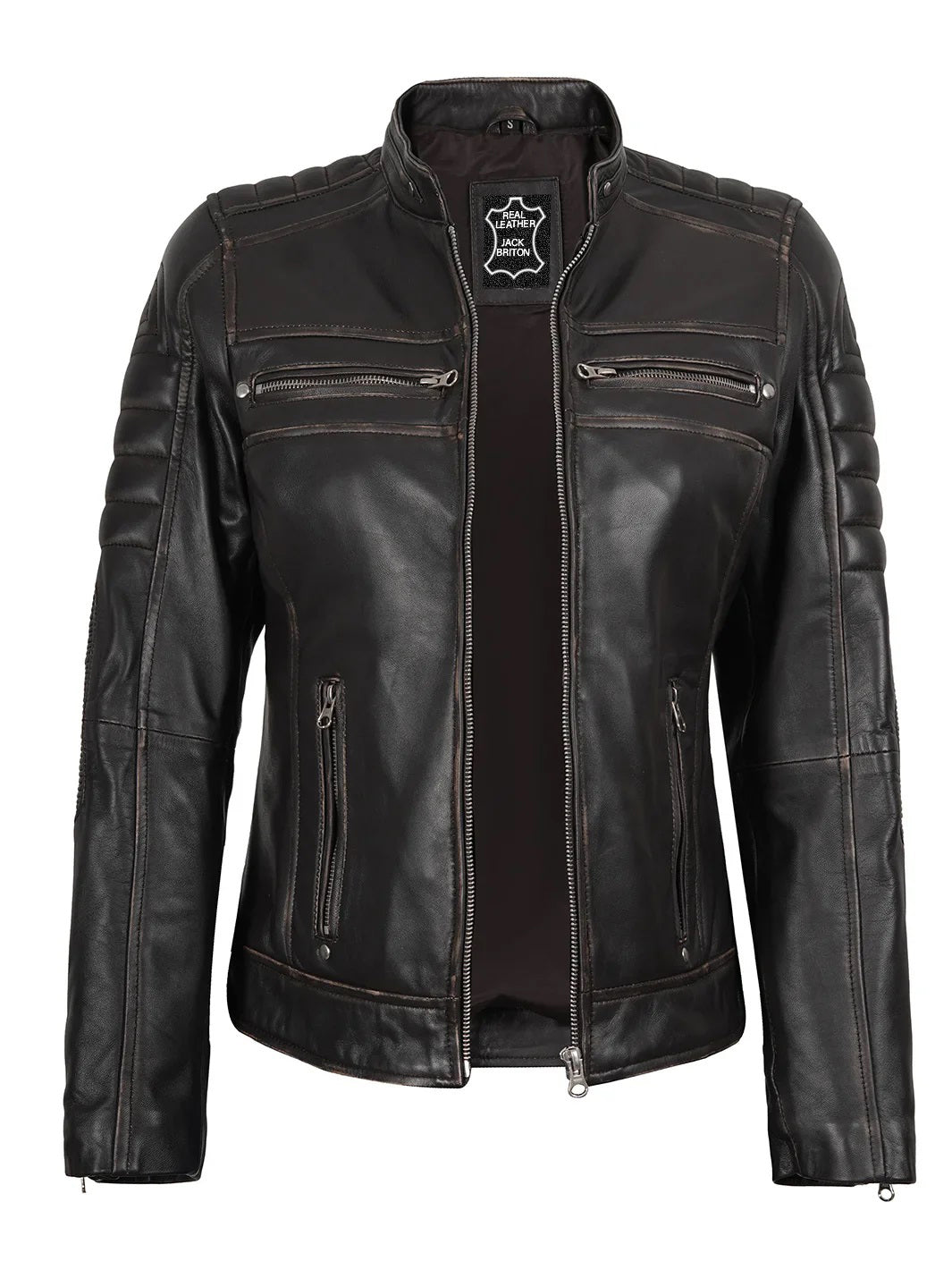 Rub Off Brown Cafe Racer Leather Jacket for Women