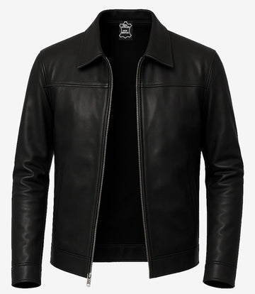 Mens Black Shirt Collar Leather Jacket