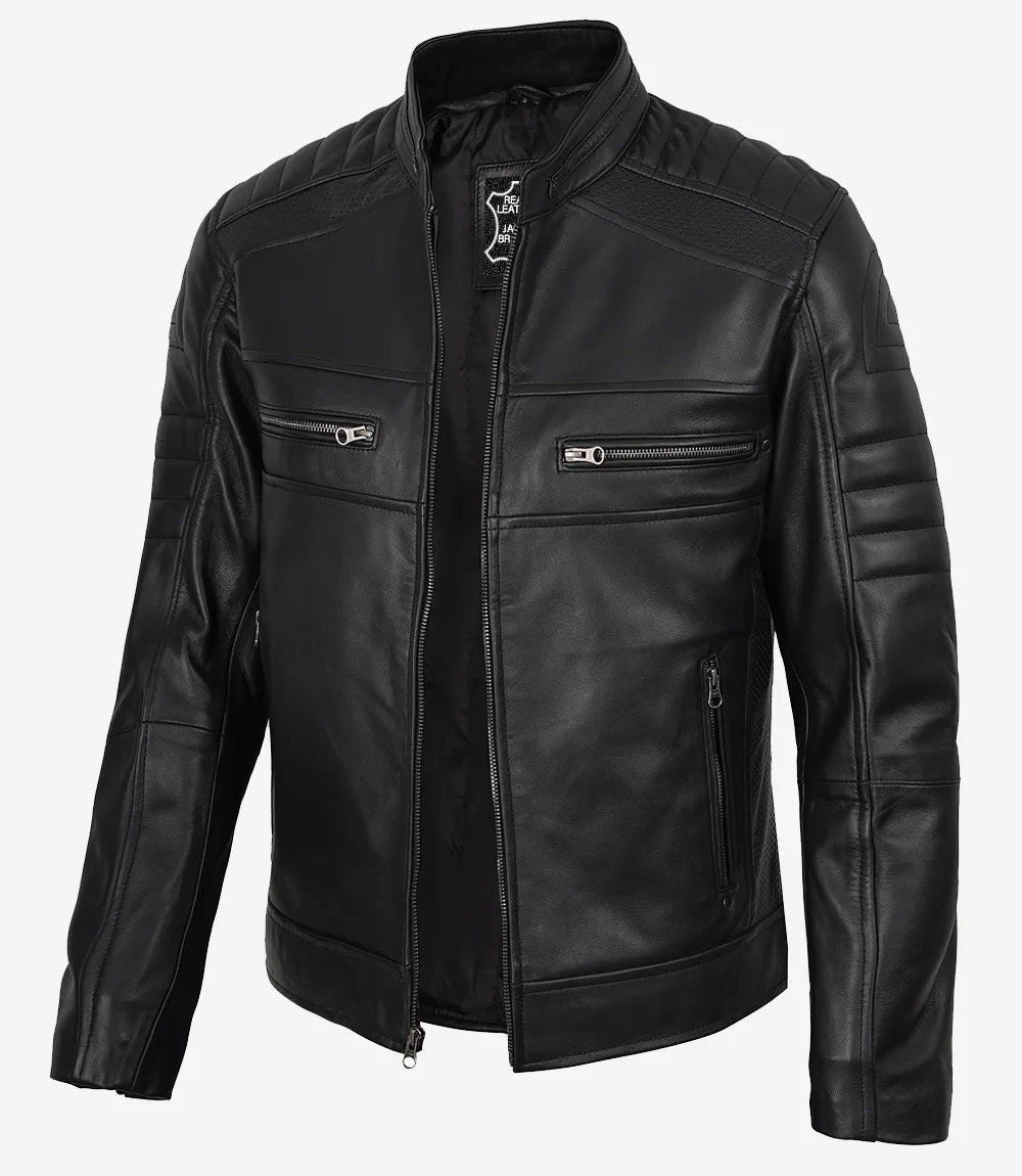 Mens Sheepskin Black Cafe Racer Leather Jacket