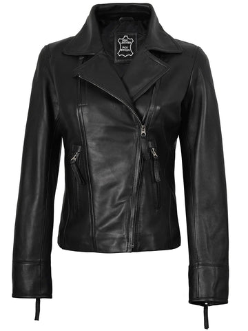 Raven Asymmetrical Black Biker Leather Jacket for Women