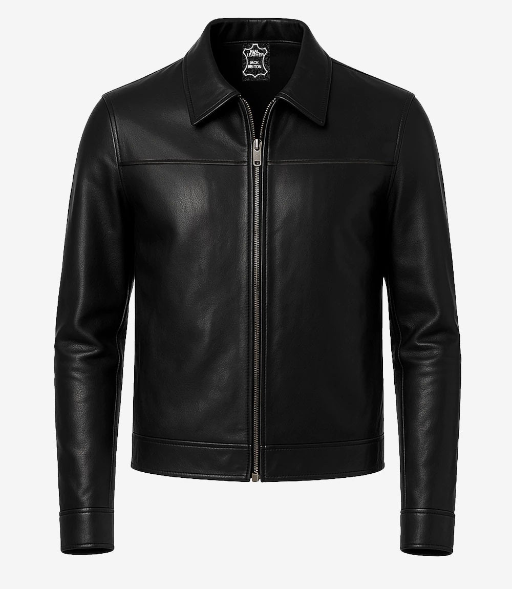 Mens Black Shirt Collar Leather Jacket